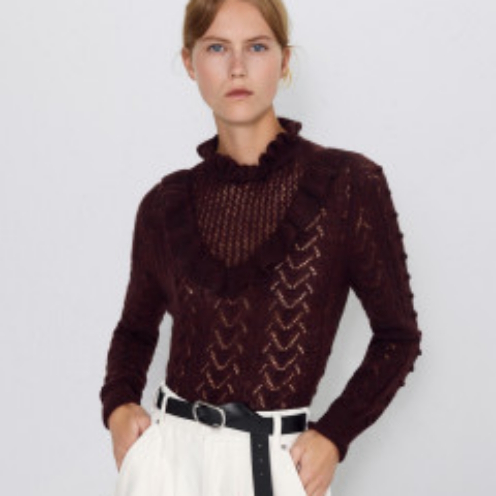 Zara Maroon/Burgundy Open Knit Ruffle-Trim Crew Sweater